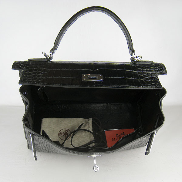 7A Replica Hermes Kelly 32cm Crocodile Veins Leather Bag Black 6108